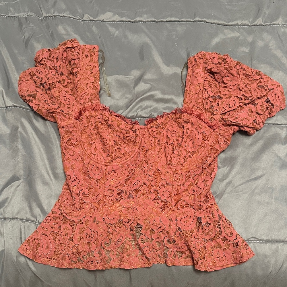 Haute Monde Lace Puff Sleeve Blouse in Pink